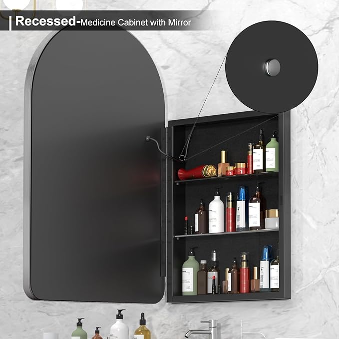 20x31 Inch Arched LED Medicine Cabinet with Mirror - Oil Rubbed Nickel Metal Frame, Lighted Arched Bathroom Mirror Cabinet, Mirror Cabinet with Storage for Bathroom,Dimmable,Defogger