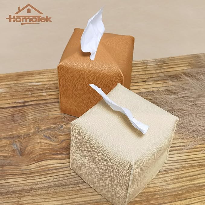 HOMOTEK 2 Pack Tissue Box Cover, Square PU Leather Tissue Holder, Decorative Facial Tissue Cube Paper Organizer Dispenser for Bathroom, Night Stands, Desk, Car 5X5X5'' - Camel, Pebble Grain