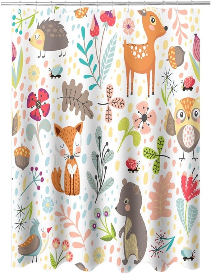 Kids Baby Woodland Shower Curtain Animals Cartoon Girls Children's Cute Cartoon Funny Colorful Weeds Plants Fox Waterproof Fabric Bathroom Decor 72x78 Inches(183x200cm), Style-13
