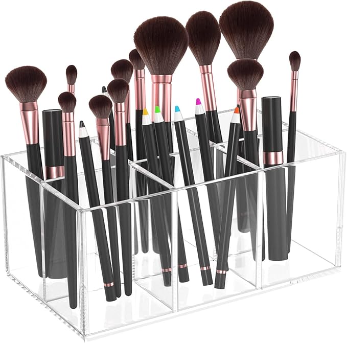 HIIMIEI Black Makeup Brush Holder Organizer Acrylic 6-Slots Cosmetic Brushes Storage Organizer for Vanity Countertop