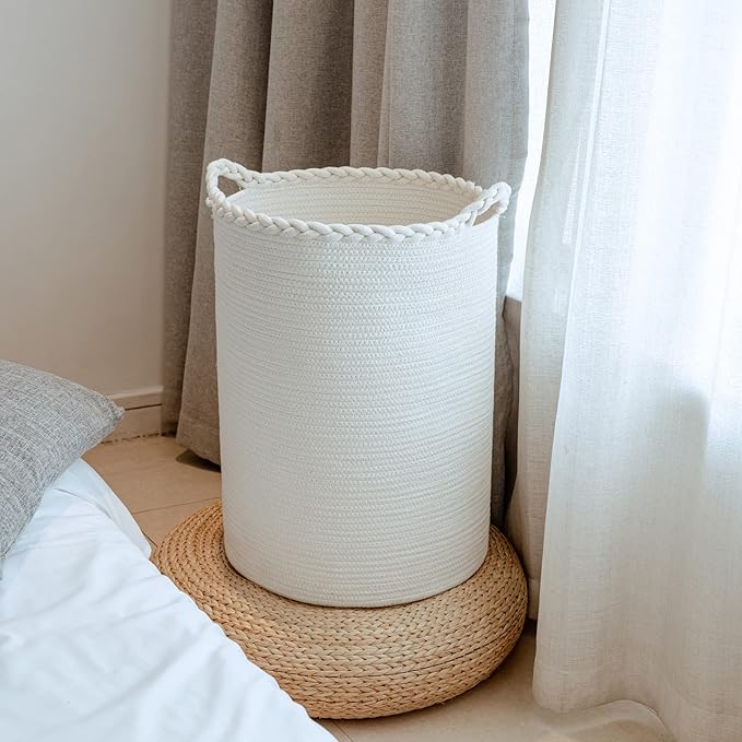 58L Woven Laundry Basket,Cotton Tall Laundry Hamper for Blankets,Clothes,Pillows,Toys,Shoes Large Laundry Bin White