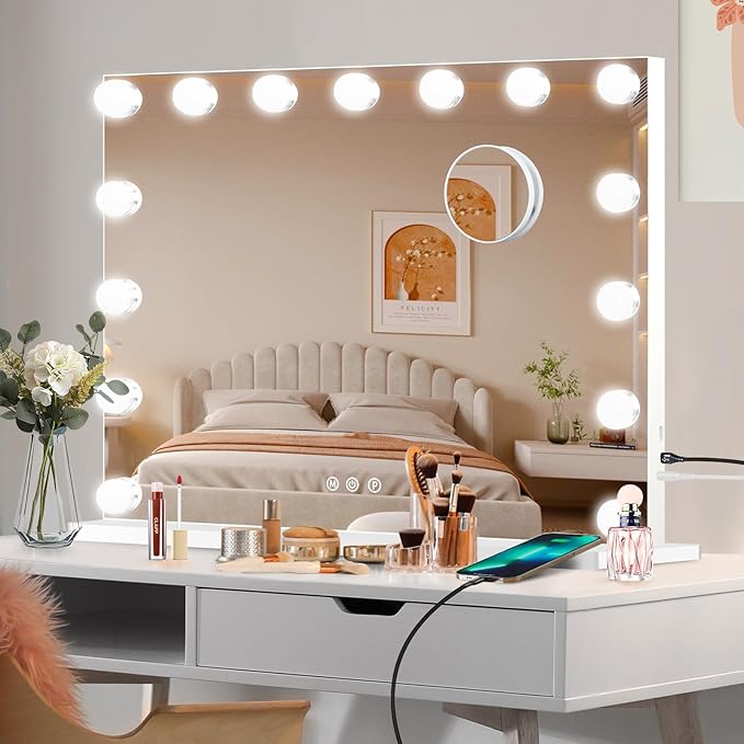 Moonee Vanity Mirror with Lights, Hollywood Lighted Makeup Mirror with 15 Dimmable Bulbs and 10X Magnification, 3 Colors Modes, Light Up Mirror, Gifts for Women, Girls,Dorm Room Essentials(23" x 18")