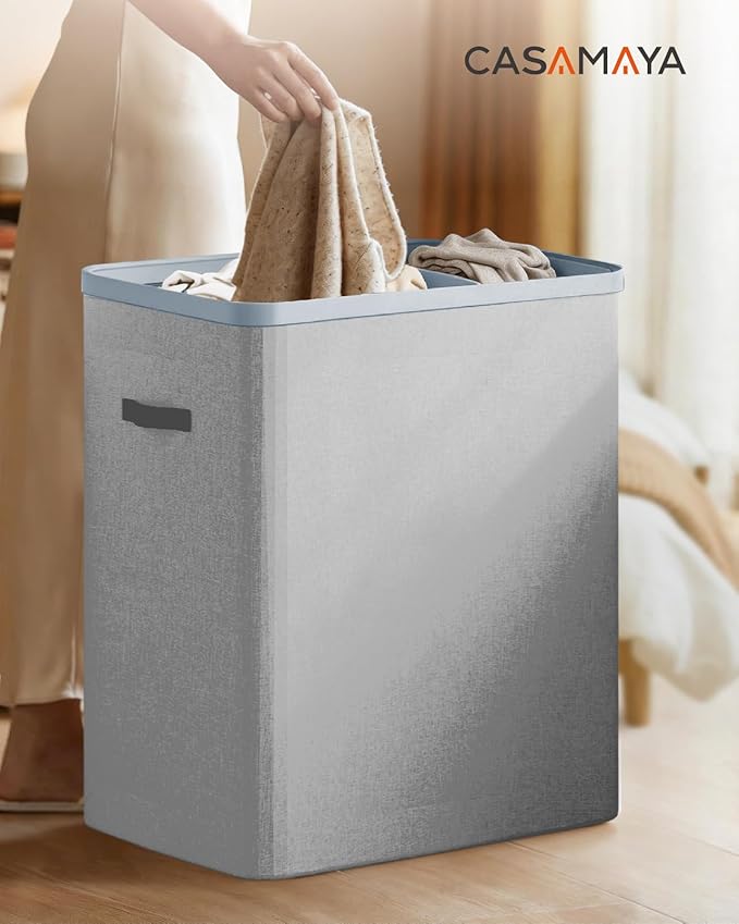 CASAMAYA Laundry Basket with Lid, Laundry Hamper 3 Section, 190L collapsible Laundry Organizer, Easy Assembly, with Handles and Removable Liners, 25.2 x 15.7 x 29.5 Inches, Gray JSP904G