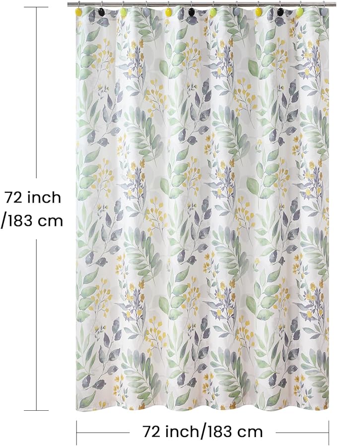 Fabric Shower Curtain, Sage Green Gray Yellow Watercolor Botanical Leaf Shower Curtains for Bathroom, 72" W x 72" H