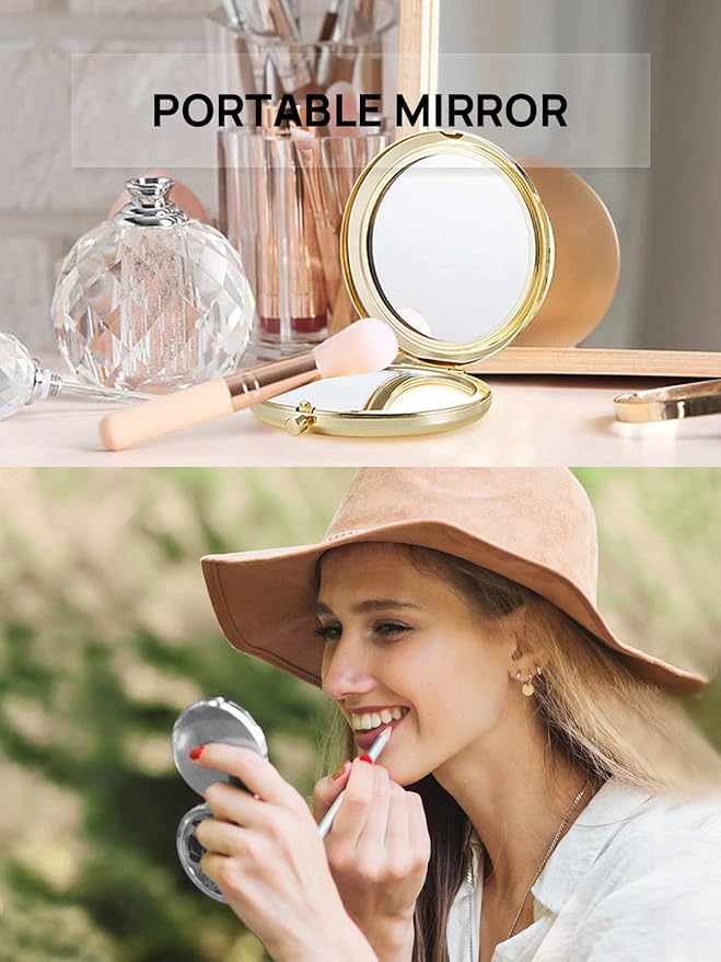 Compact Mirror Bulk, Set of 2 Double-Sided 1X/2X Magnifying Purse Pocket Makeup Mirrors(Round, Gold and Silver)