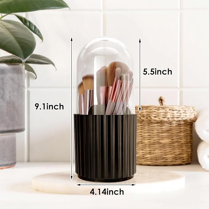 Makeup Brush Holder Organizer with Lid 360 Rotating Dustproof Storage Organizer, 5-Slot Makeup Brush Cup, Multifunctional Pen Holder for Makeup Brush Mascara or Eyeliner(Black)