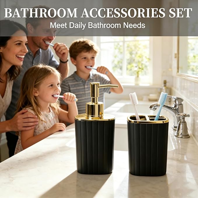 Bathroom Accessories Set 2 PCS- Black and Gold Bathroom Accessory Set, Bathroom Toothbrush Holder Set Includes Soap Dispenser and Toothbrush Holder for Boho Home Bathroom Decor