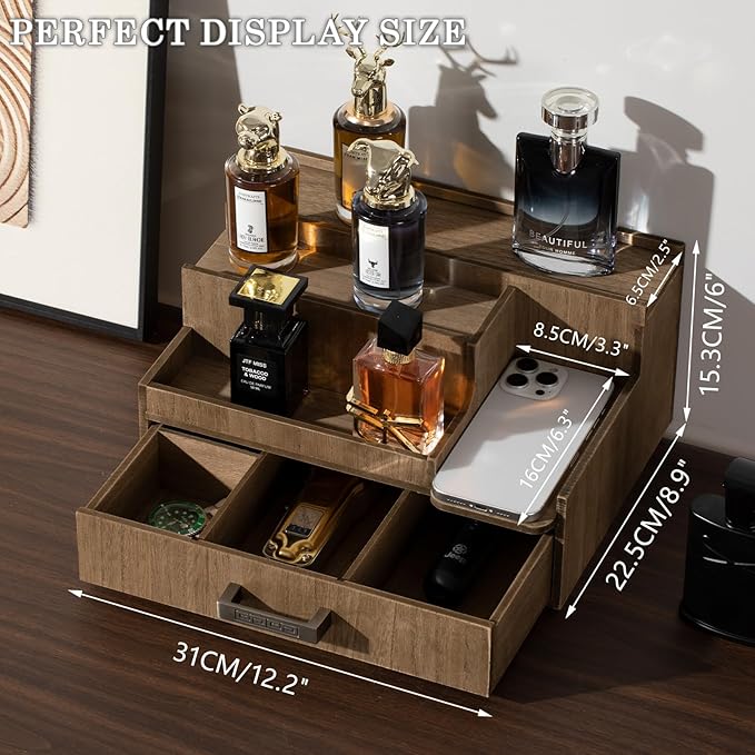 Cologne Organizer for Men, 3 Tier Perfume Display Stand with Drawer and Hidden Compartments, Stylish Wooden Mens Cologne Holder for Dresser Storage, Great Gift for Men/Fathers, Brown