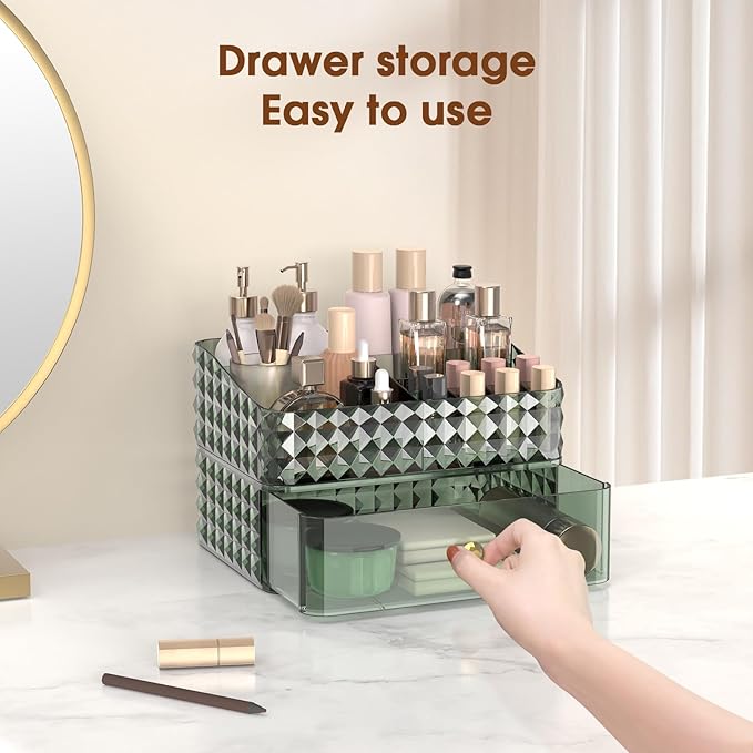 Soimeat Makeup Organizer for Vanity, Stackable Cosmetics Organizer, Cosmetic Display Cases with 1 Drawers and 1 Tray, 2 Layers, Green, FXHZJ-G2