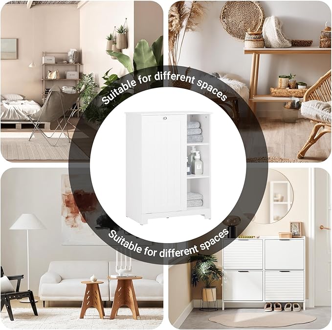 SoBuy Tilt Out Laundry Cabinet, Floor Standing Storage Cupboard with Basket Hamper Unit with Open Compartments, Bathroom White BZR105-W