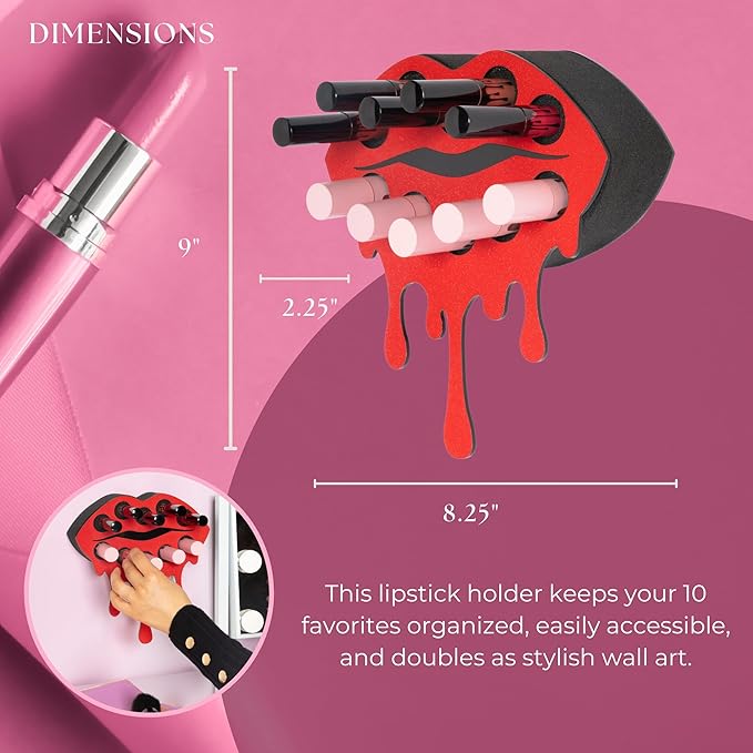 MAKEUP IN PLACE Fearless Lip Lipstick Organizer - Acrylic Lipstick Holder and Organizer for Women Patented Wall Mounted Minimalistic Design Saves Time - Holds 10 Items (Red Shimmer)
