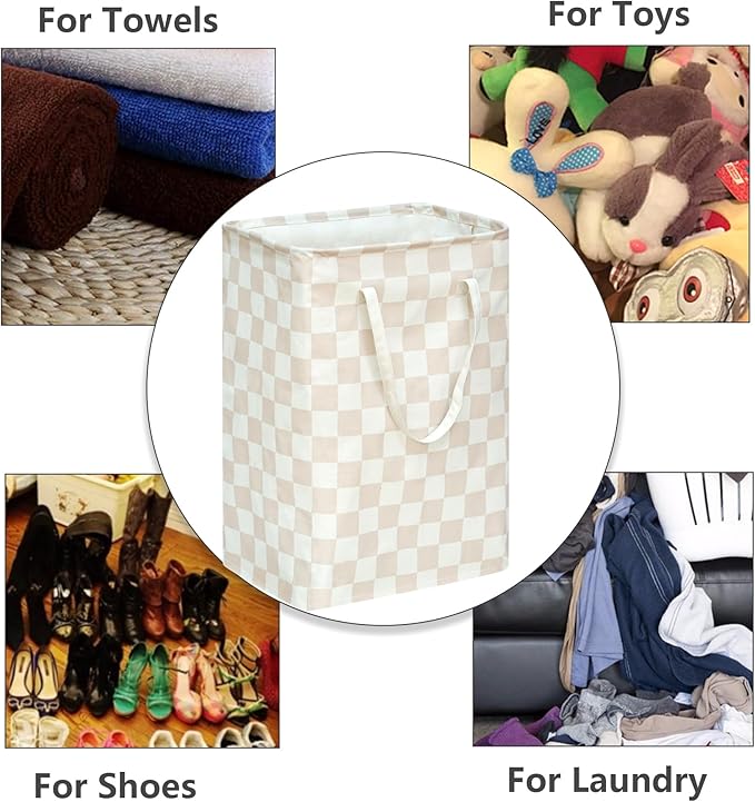 MAIZMZ Beige Checkered Laundry Basket Girls Hamper Storage Bins Organizer Toy Box Large Canvas Collapsible Chest for Home/Dorm/Kitchen/Pet/Office/Closet/Shelf/Gift Baskets
