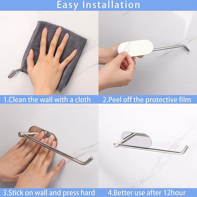 TocTen Hand Towel Holder, No Drilling Stick on Wall Towel Bar, SUS 304 Stainless Steel Towel Rod, Strong Self Adhesive Towel Rack/Hanger for Bathroom Kitchen (Polished Chrome)