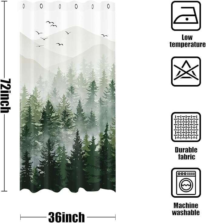 Accnicc Stall Small Sage Green White Misty Forest Shower Curtain Ombre Mountain Pine Tree Waterproof Fabric Shower Curtains for Bathroom Nature Woodland Decorative Bath Curtain Decor 36×72 Inches
