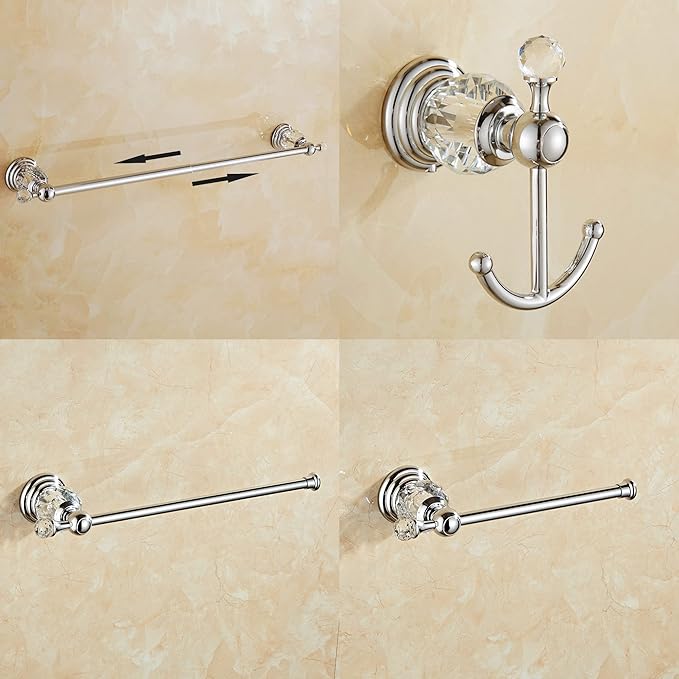 Crystal Bathroom Hardware Set,Adjustable Towel Rack, Toilet Roll Paper Holder,Hand Towel Holder,Hook,Gold Bathroom Accessories Set Wall Mounted (Bright Chrome)