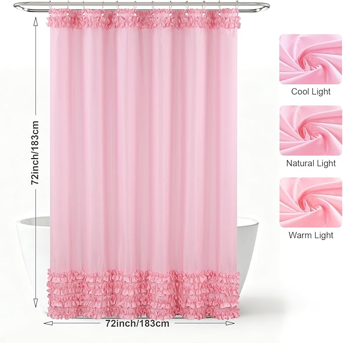 Ruffle Shower Curtain, Pink Girls Women Fabric Shower Curtain with Delicate Handcrafted Ruffles, Waterproof Ruched Farmhouse Decorative Bathroom Curtain, 72" W x 72" H