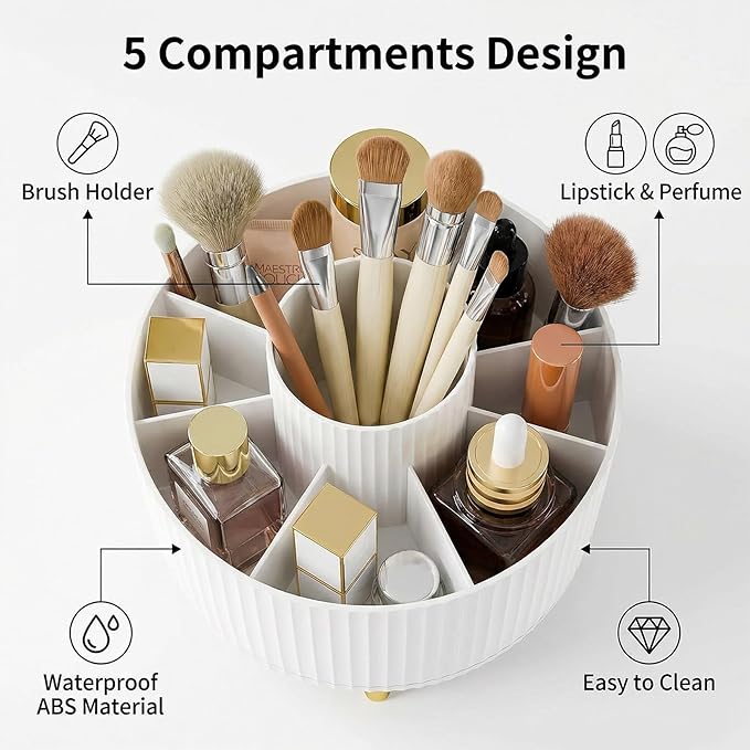 360?? Rotating Makeup Brush Holder with 5 Compartments ?€? Pure White ABS Cosmetic Organizer for Vanity, Bathroom, Desktop | Non-Slip Base, Space-Saving Design | Perfect Bridal Shower Gift
