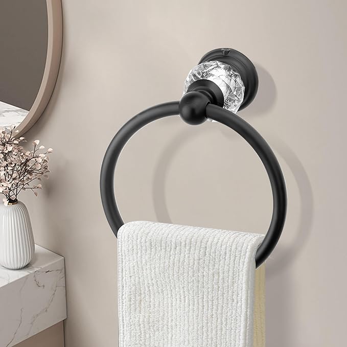 Black Crystal Towel Ring, Bathroom Towel Holder Ring, Matte Black Bathroom Towel Rack Hanger Home Hand Towel Ring Towel Holder for Bathroom Wall Mounted Bathroom Accessory