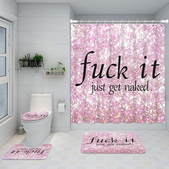 ArtSocket 4PC Pink Funny Get Naked Shower Curtain Sets Diamond Gold Bathroom Decor with Rugs, Non-Slip Rug,Toilet Lid Cover, Bath Mat and 12 Hooks 72x72 inches