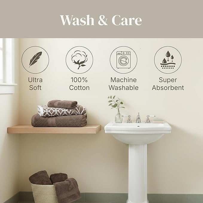 Modern Threads Botanical Vine 6-Piece 100% Cotton Towel Set – Reversible Yarn Dyed Jacquard – Includes 2 Bath Towels, 2 Hand Towels, 2 Washcloths – Absorbent, Quick Dry, Soft & Durable – Taupe Brown