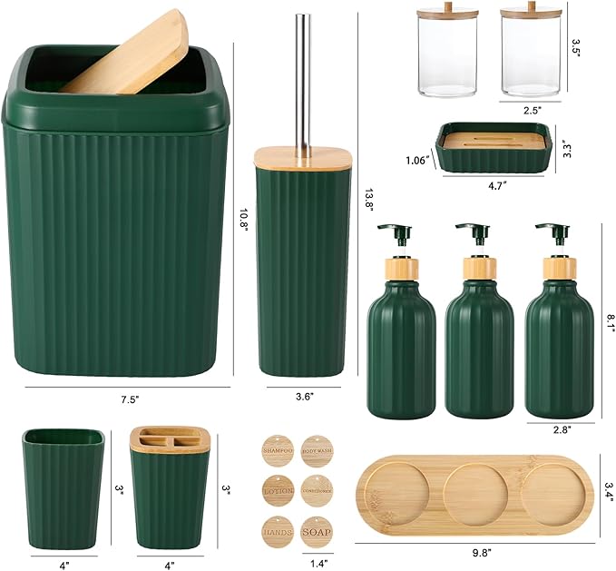 XLHOMO Bathroom Set 17PCS Bathroom Accessories with Trash Can 3PCS Lotion Soap Dispenser,Bathroom Accessories Set Green Bathroom Sets for Bathroom Decor