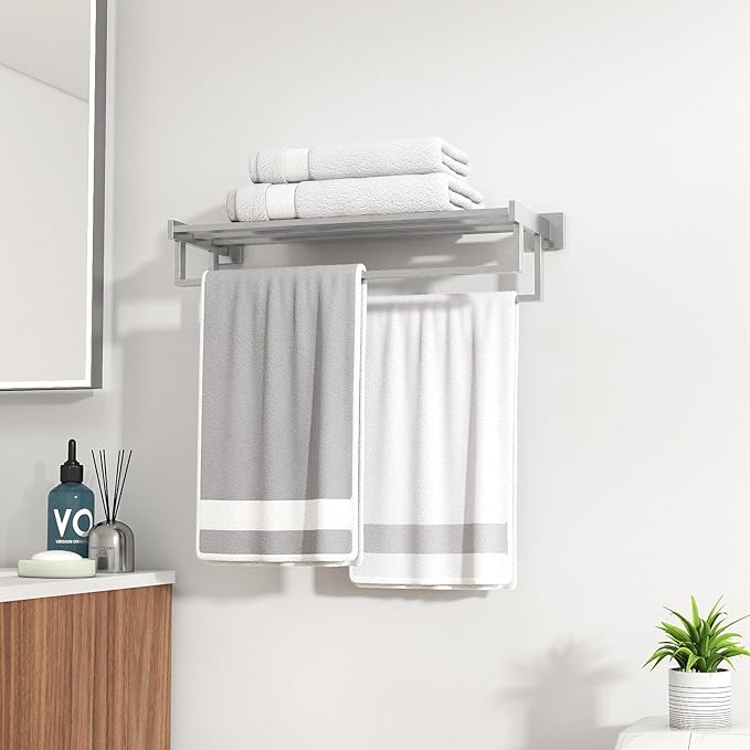 Double Towel Bar, 24 Inch Towel Racks for Bathroom Wall Mounted, Bathroom Towel Rack, Towel Rack with Shelf, Stainless Steel Hand Towel Hanger, Bath Towel Holder for Wall, Brushed Nickel