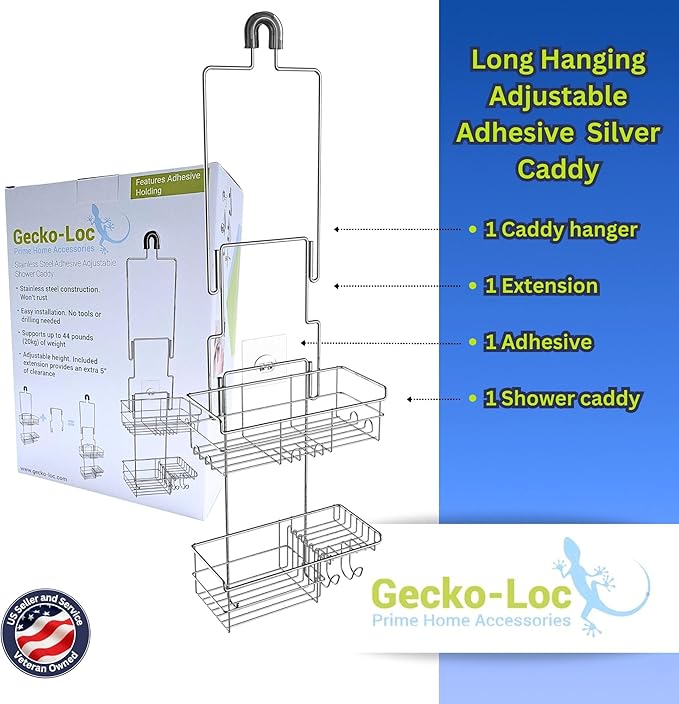 Gecko-Loc Extra-Long Adjustable Over-the-Showerhead Shower Caddy – Rustproof Stainless Steel Organizer with Suction Stabilizer, Deep Basket & Hooks – No-Drill, Tool-Free Installation (Silver)
