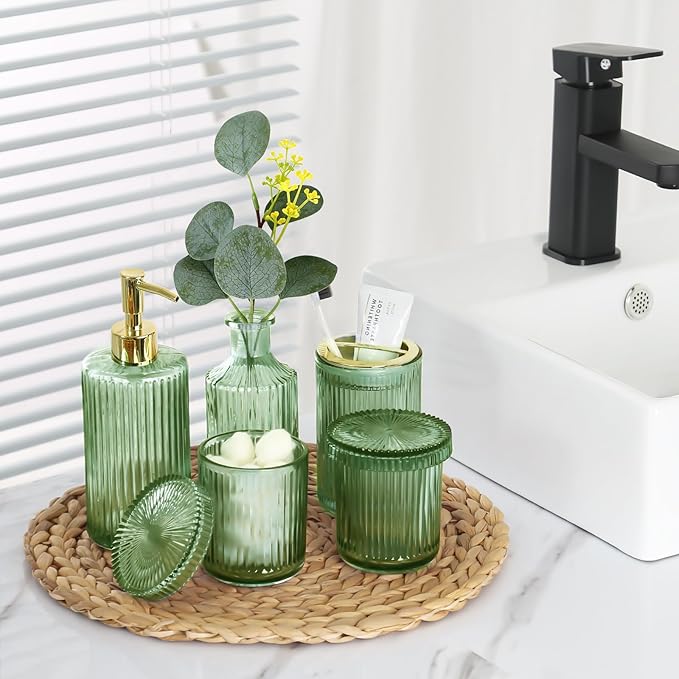 Green Bathroom Accessories 5 Pcs, Glass Bathroom Accessory Set, Vintage Green Bathroom Set, Sage Green Soap Dispenser and Toothbrush Holder Set, Qtip Holder, Small Flower Vase, Modern Bathroom Decor