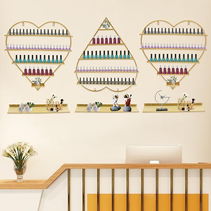 Nail Polish Display Racks 6pcs Metal Solid Color 5 Tiers Nail Polish Shelf Elegant Wall-Mounted Heart-Shaped Perfume Wall Shelf for Lipstick Perfume Nail Polish Essential (Gold)