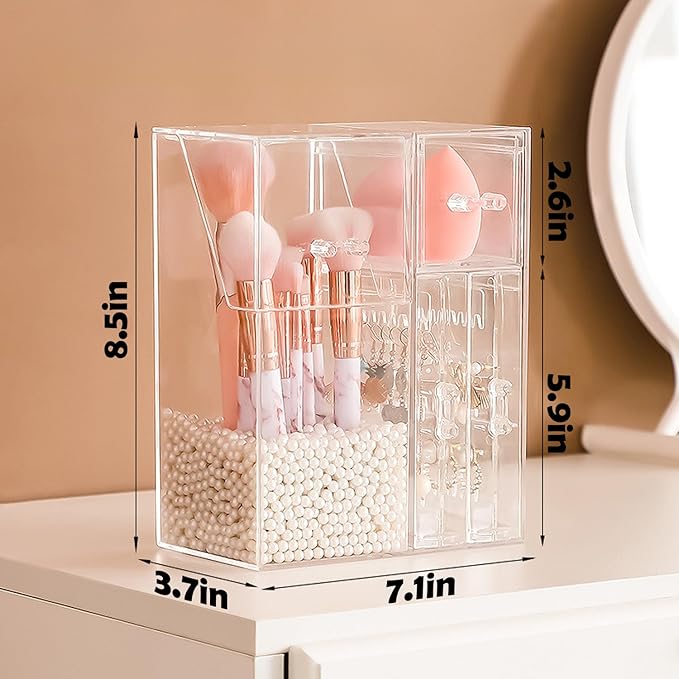 Acrylic Makeup Brush Holder with Lid - Cosmetics Storage Display Case - Clear Cosmetic Makeup Brush Organizer and Storage Box with Cover for Vanity (Style 1)