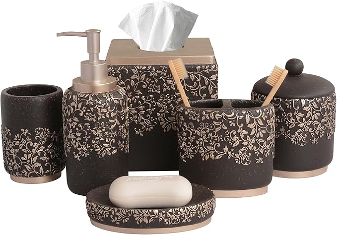 Decozen Bathroom Accessories 6Pcs Set, Soap Dispenser, Toothbrush Holders, Tumbler, Soap Dish & Cotton Swab Jar – Modern Bathroom Decor, Modern Farmhouse Decor, Countertop Accessories, Black