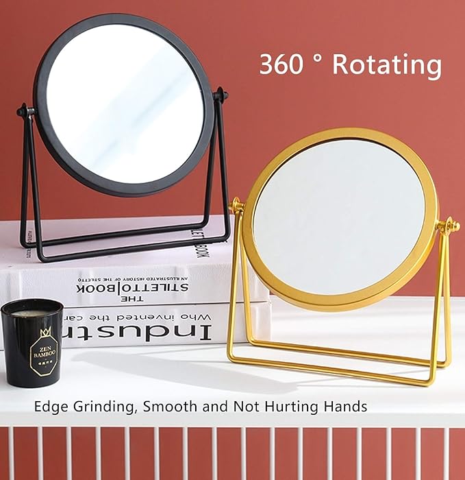 Iron Tabletop Makeup Mirror, Round Swivel Desktop Stand Mirror, 360°Rotation One-Sided Dressing Table Mirror(Golden)