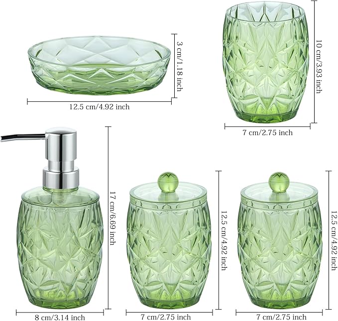 Modern Shatterproof Acrylic Olive Green Bathroom Accessories Set – 5-Piece Glass-Free Vanity Set with Soap Dispenser, Toothbrush/Makeup Brush Holder, 2 Cotton Jars with Lids, and Soap Dish