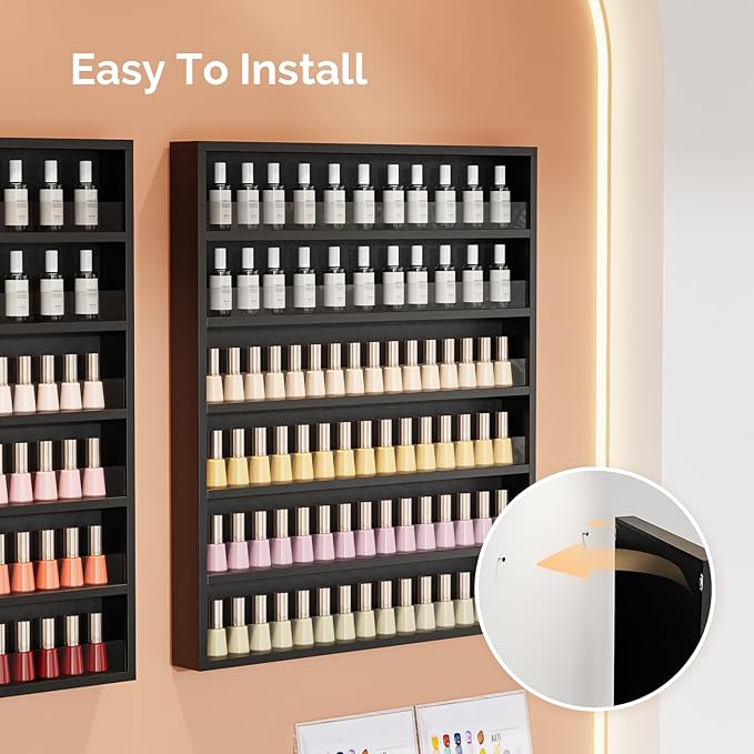 OmySalon Nail Polish Organizer Wall Mount - Holds 120+ Bottles with Acrylic Barrier, Salon Display Rack for Home Spa & Nail Studio - Assembly Required, Wooden Polish Storage (Black, 6-Tier)