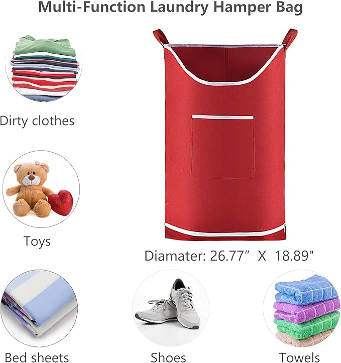 Hanging Laundry Hamper Bag Behind Door Hampers for Laundry Hanging Save Space Zipper Laundry Hamper Door Hanging with 2 PCs Stainless Steel Hooks Suction Hooks for Wall/Bathroom (Red-2Pack)