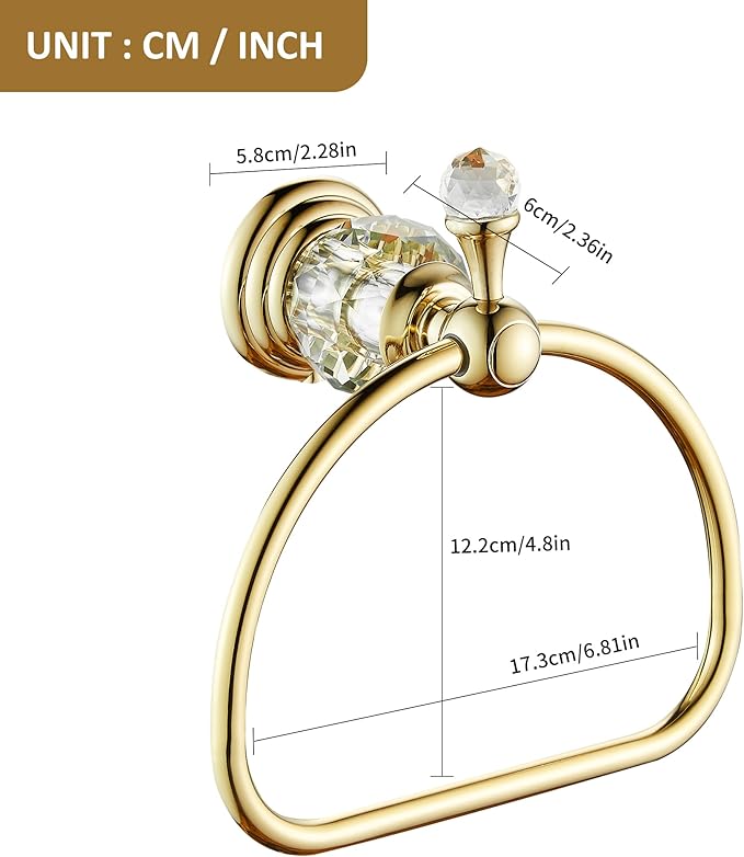 WOLIBEER Gold Towel Ring, Hand Towel Holder for Bathroom,Crystal Towel Holder, Round Hand Towel Ring Wall Mounted.