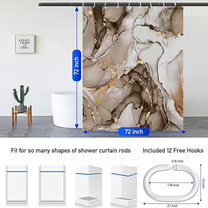 NBVKO 4Pcs Luxury Brwon Marble Pattern Shower Curtain Set with 12 Hooks Non-Slip Rugs,Toilet Lid Cover and Bath Mat, Stylish Bathroom Decor for Hotel & Home Bathroom