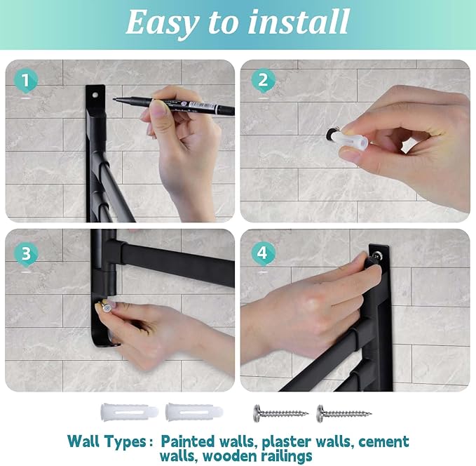 Rotating Pool Towel Rack, 5 Bars Swivel Outdoor Towel Rack with Hook Space Saving Wall Mounted Metal Towel Holder Swing Out Ideal for Pool, Hot Tub,Shower,Balcony