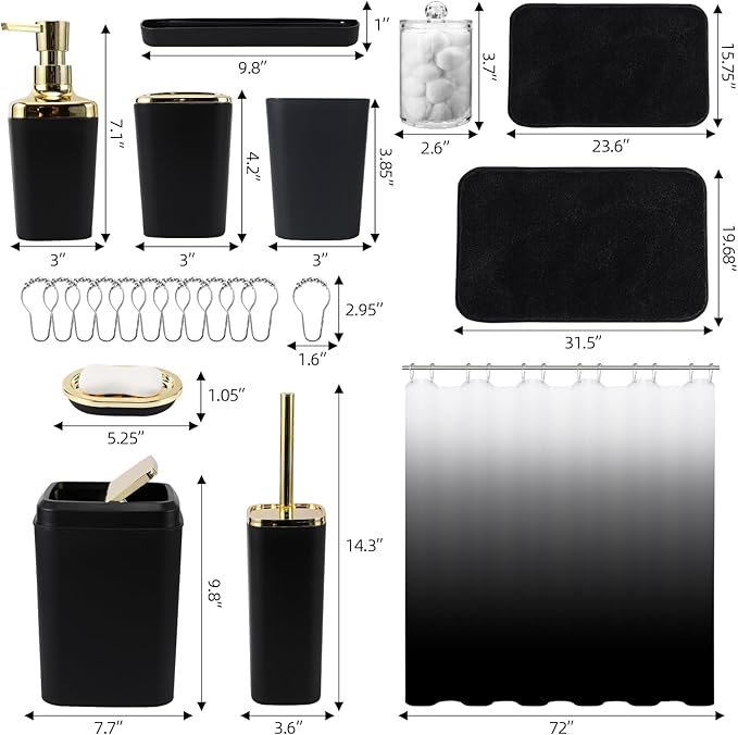 XLHOMO Bathroom Set - Black Bathroom Accessories Set, Bathroom Sets with Shower Curtain and Rugs, 24PC Shower Curtain Set with Hooks, Soap Dispenser, Soap Dish, Toilet Brush Holder and Trash Can