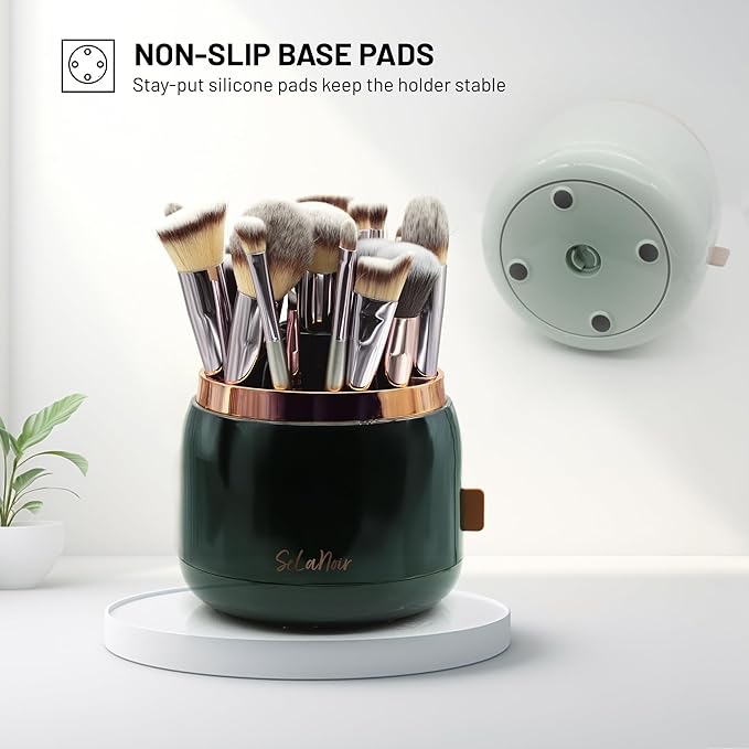 Rotating Makeup Brush Holder with Lid – Dustproof Vanity Organizer for Makeup Brushes, Bonus Foldable Makeup Brush Cleaner Bowl Included, Elegant Seafoam Green Storage Solution