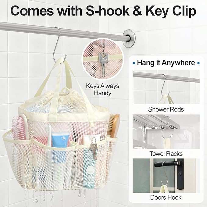 F-color Mesh Shower Caddy Portable with Drawstring -Upgrade Deeper 7 Pockets Dorm Room Essentials for Guys Girls with S Hook, Shower Bag Basket Tote for College Camping Gym Bathroom, Butter White