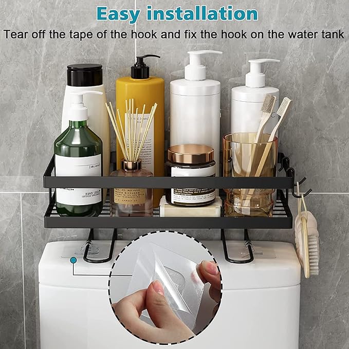 YWBL-WH Bathroom Toilet Shelf, Iron Craft Space Saver with Hooks, Easy Installation for Storing Toiletries and Accessories in Small Spaces (Black)