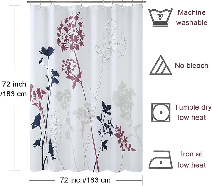 Floral Fabric Shower Curtain, White and Burgundy Flower Shower Curtain, Blue and Gray Plant Shower Curtains for Bathroom, Waterproof Bathroom Curtains, 72" W x 72" H
