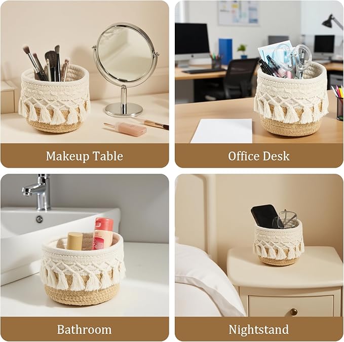 HEAVYWOOD Macrame Makeup Brush Holder Organizer 4.7''x3.9'' Mini Makeup Containers Boho Small Round Storage Basket Tassels Fringe Decorative Pencil Holder Set of 2 (4.7''x3.9'', Khaki)