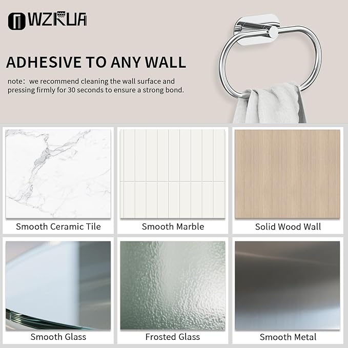Adhesive Towel Holder for Bathroom Polished Chrome No Drill Hand Towel Ring Stainless Steel and Zinc Alloy Self Adhesive Towel Hanger for Bath, Kitchen