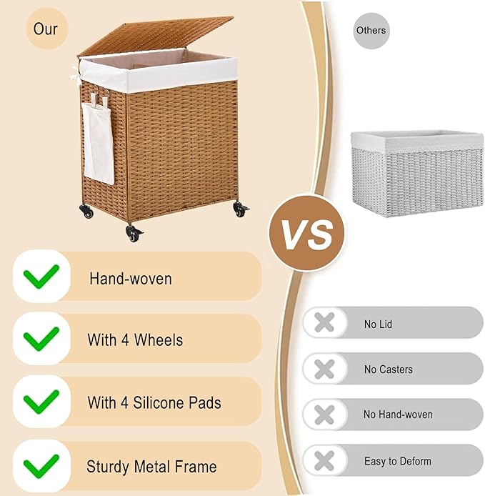 Handwoven Hamper with Lid, Laundry Basket with Wheels, Machine Washable Liner, 2 Section Clothes Hamper for Bathroom Laundry Room Bedroom, Rattan, 125L