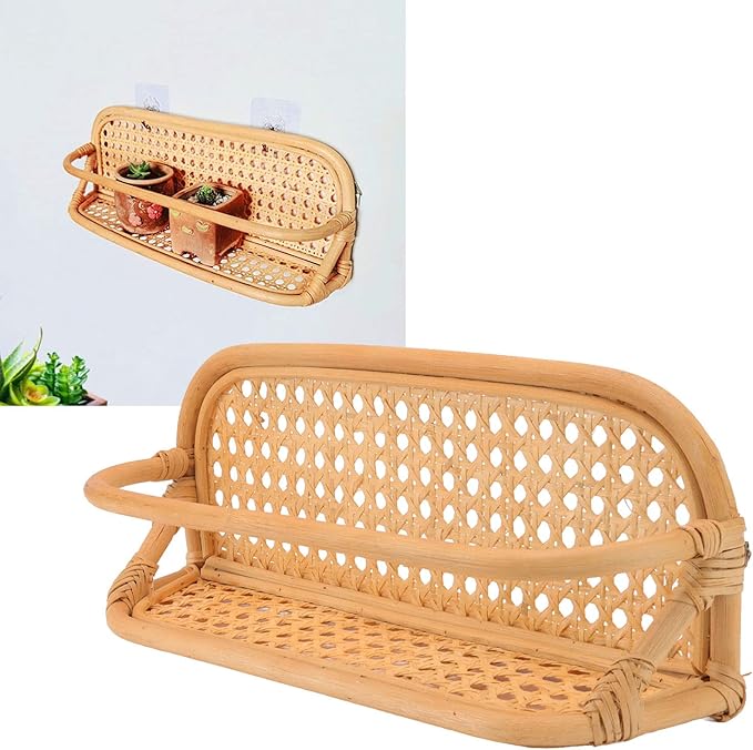Rattan Wall Shelf, Hand Crafted Natural Rattan Hanging Rack, Wall Mounted Storage Shelf for Bathroom Kitchen Living Room with Durable Woven Design