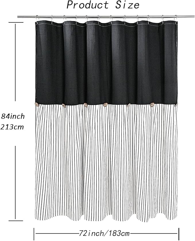 Farmhouse Shower Curtain,Black and Black Striped,Button Curtain,Spa Waffle and Cotton Woven Fabric,Rustic Charm Country Chic Style,72x84 in