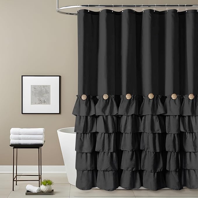 Seasonwood Black Ruffle Shower Curtain Farmhouse Style Black Fabric Shower Curtain Nature Button Chic Ruffles and French Country Style 72×78