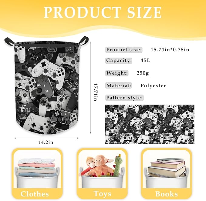 Gaming Gamer Laundry Basket, Vintage Game Controller Waterproof Collapsible Laundry Hamper Dirty Clothes Storage Toy Bin Organizer for Boys Kids Room Bedroom College Dorm Bathroom